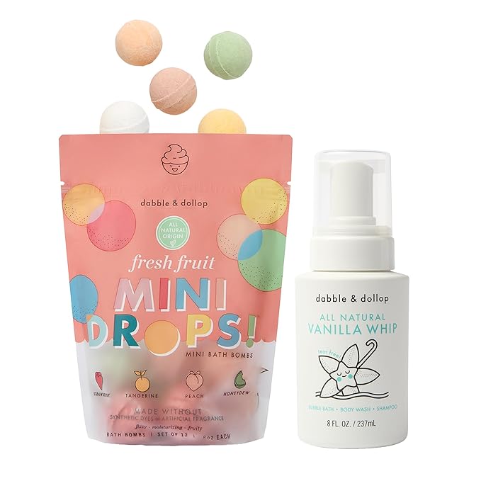 Dabble & Dollop Fresh Fruit Mini Bath Bombs & Vanilla Shampoo, Body Wash and Bubble Bath for Kids - All Natural, Resealable Pouch, Foaming Whip, Vegan, Gluten-Free, Cruelty-Free (Pack of 2)
