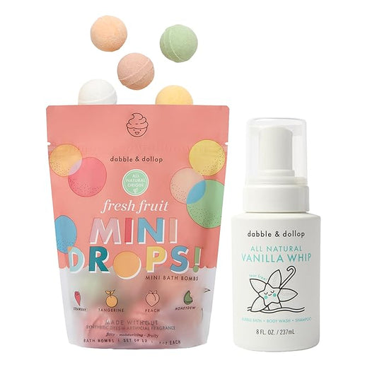 Dabble & Dollop Fresh Fruit Mini Bath Bombs & Vanilla Shampoo, Body Wash and Bubble Bath for Kids - All Natural, Resealable Pouch, Foaming Whip, Vegan, Gluten-Free, Cruelty-Free (Pack of 2)