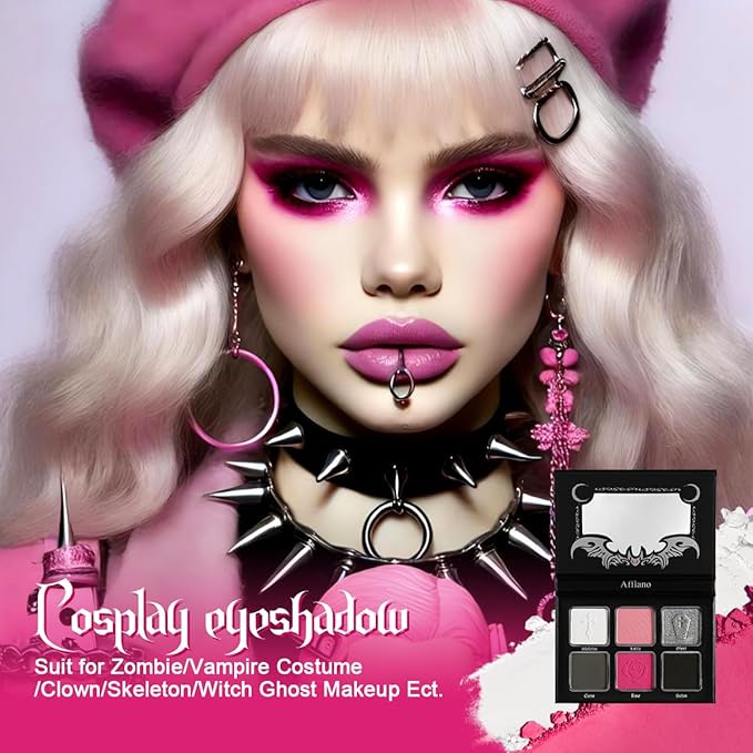 Black Pink Eyeshadow Palette, Matte Glitter White Grey Silver Goth Makeup Palette, Pigmented Long Wear Hot Pink Gothic Smoky Eye Shadow Pallet for Valentine, Halloween Vampire, Witch, Lolita, Cosplay