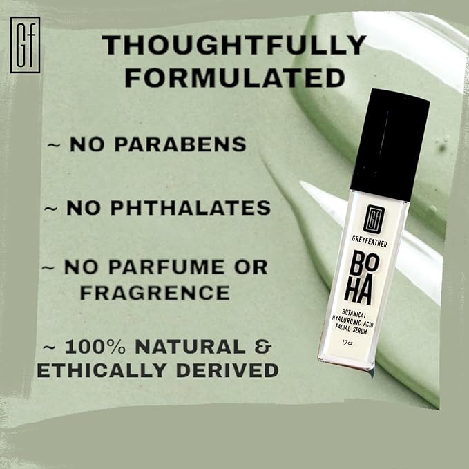 Greyfeather BOHA Hyaluronic Acid Serum for Face – Botanical Hydration with Vitamin C & E – Anti-Aging Facial Serum for Fine Lines, Wrinkles, Dry Skin – Vegan & Fragrance-Free, 1.7oz
