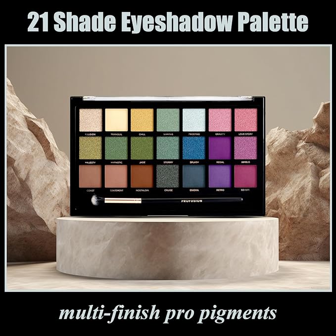 Profusion Cosmetics Wanderlust 21 Shades Eyeshadow Palette – Richly Pigmented Matte & Shimmer Finishes with Blending Brush, Long-Wearing, Travel-Friendly, Vegan & Cruelty-Free Makeup Set