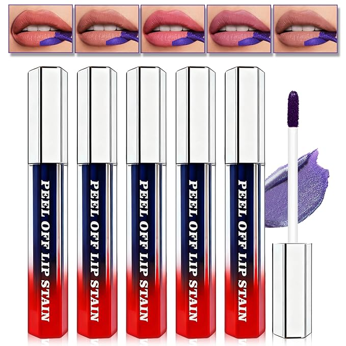 5 Colors Lip Stain Peel Off Lip Liner Stain, Matte Finish Peel Off Lip Stain Tint Long-Lasting Waterproof, Transfer-Proof, All-Day LipStain for Women, Vegan & Cruelty-Free