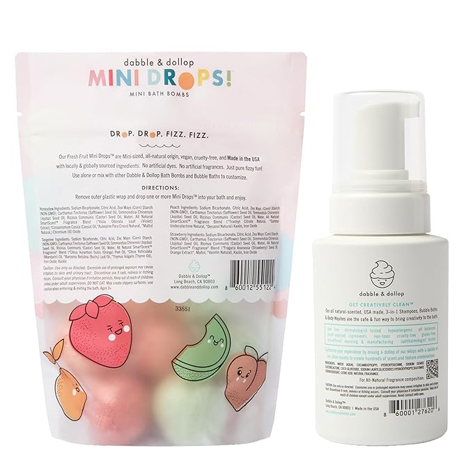 Dabble & Dollop Fresh Fruit Mini Bath Bombs & Vanilla Shampoo, Body Wash and Bubble Bath for Kids - All Natural, Resealable Pouch, Foaming Whip, Vegan, Gluten-Free, Cruelty-Free (Pack of 2)