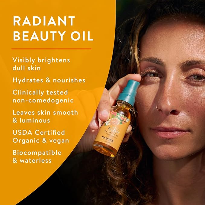 Badger Seabuckthorn Face Oil, Organic Face Moisturizer for Women & Men, Nourishing & Soothing Organic Jojoba, Baobab & Vitamin E Oil, Vegan Antioxidant Rich Facial Oil, 1 fl oz Glass Bottle