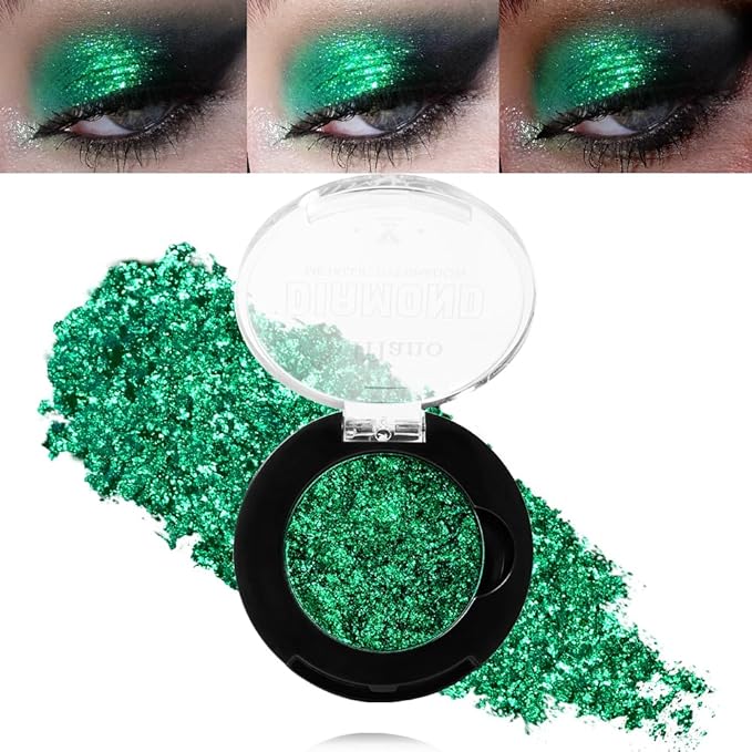 Green Glitter Eyeshadow, Highly Pigmented Fine Pressed Glitter Emerald Green Metallic Eye Shadow Palette Wicked Makeup, High Impact Long Lasting Waterproof Eye Glitters for Saint Patrick, Carnival