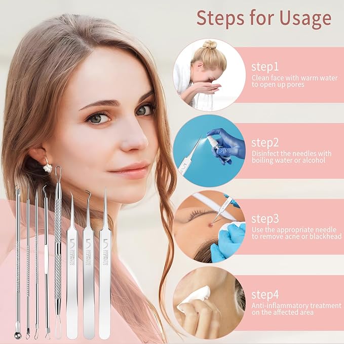 Blackhead Remover Tools, 8 Pack Pimple Popper Tool Kit, 4 Pack Tweezers Set, Quickly and Easily Removes Acne and Blackheads, Precision Eyebrow Tweezers for Facial Hair