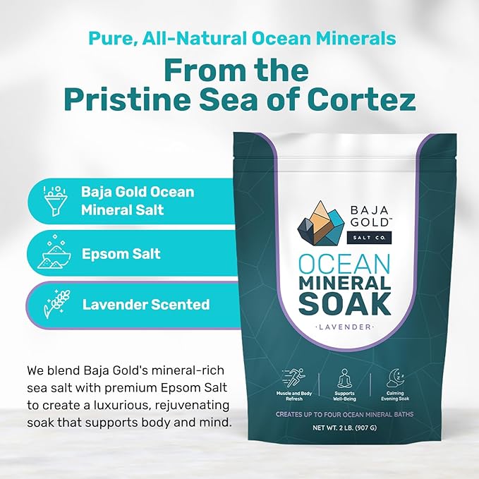 Baja Gold Ocean Mineral Soak – Natural Magnesium Bath Soak & Trace Elements | Relaxing, Clean Ingredient Soak for Bath, Muscles, Relaxation & Skin Care | Pure, Vegan, 2 Lb Resealable Bag, Lavender