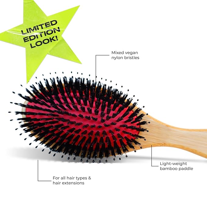 INH Boar Bristle Hair Brush | Smoothing Detangler Brush with Soft Vegan Mixed Bristles for Wet & Dry Hair | Detangling Anti-Frizz Wood Paddle Brush for Wig, Extensions, Human & Synthetic Hair | Peach