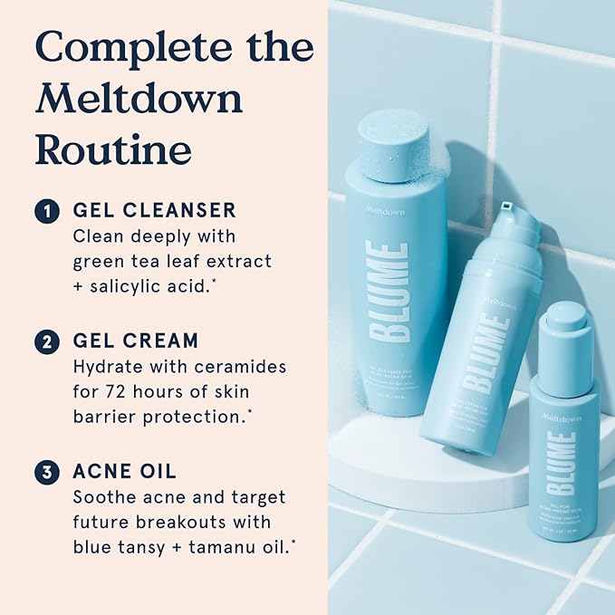 Blume Meltdown Gel Face Moisturizer for Acne Prone Skin - Oil Free Facial Moisturizer with Niacinamide & Centella to Even Skin Tone - 72-Hour Hydration Face Cream with Ceramides & Squalane (1.7 oz)