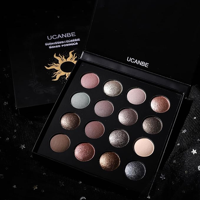 UCANBE Baked Eyeshadow Makeup Palette with Hidden Gems, 16 Colors Nude Eye Shadow with Matte Glitter Metallic Shimmer, Highly Pigmented Long Lasting Make Up Pallet (Pack of 2)