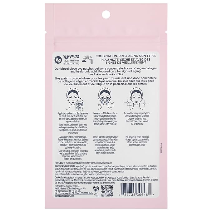 Pacifica Undereye & Smile Mask Set – Vegan Collagen Hydro Treatment with Hyaluronic Acid, Hydrating for Dark Circles, Dry & Combination Skin, Vegan & Cruelty-Free, 4 Pieces