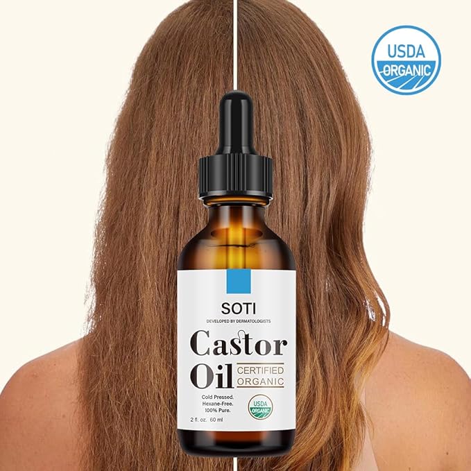 Soti Organic Castor Oil, USDA Certified 100% Pure, Cold Pressed, Hexane Free (2oz), Eyelash Serum for Brows, Eyelashes Growth, Hair, Skin Moisturizer, Vegan, Undiluted, Glass Bottle (2oz)