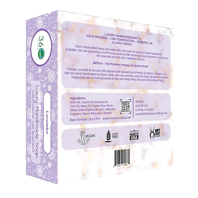 360Feel Lavender Soap - Made in The USA - Castile Handmade, All Natural, Cold Processed Infused with Refreshing Lavender Essential Oil for Relaxation & Calm - Rich, Creamy Lather - 5oz