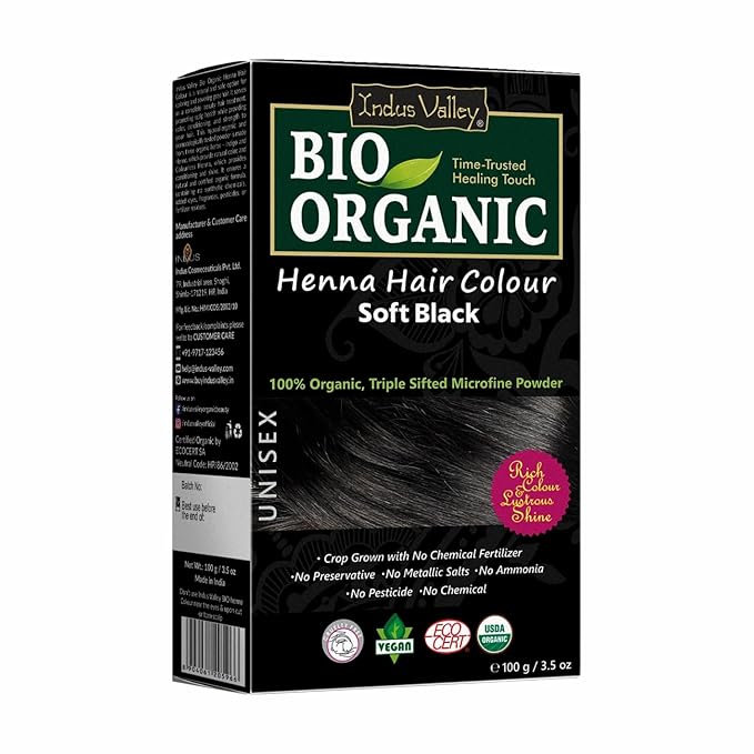Indus Valley Organic Henna Hair Colour Kit for Women- Chemical-Free, 100% Grey Coverage, Natural Soft Black Henna Powder - Vegan, Herbal Hair Dye, Infused with Plant Based Ingredients