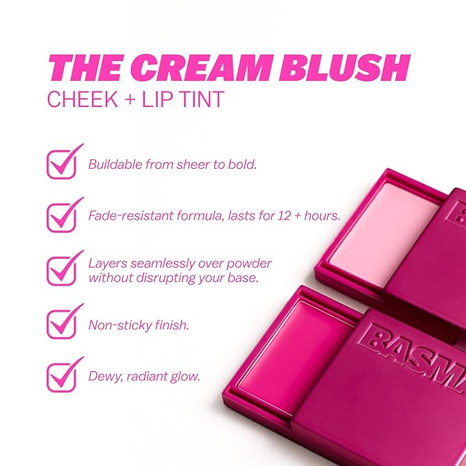BASMA Beauty Cream Blush for Cheeks, Buildable Non-Sticky Cream Blush Makeup, Long-Lasting Cheek and Lip Tint with Vitamin E, Aloe Vera & Rosemary Extract, Gluten-Free Vegan (1, Bubble Gum Pink)