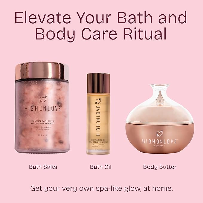 High On Love Bath Salts - Pink Himalayan & Epsom Salt Blend with Soothing Vitamin E & Premium Hemp Seed Oil - Real Dried Rose, Lavender and Rosemary Inclusions (Rosemary Lavender)