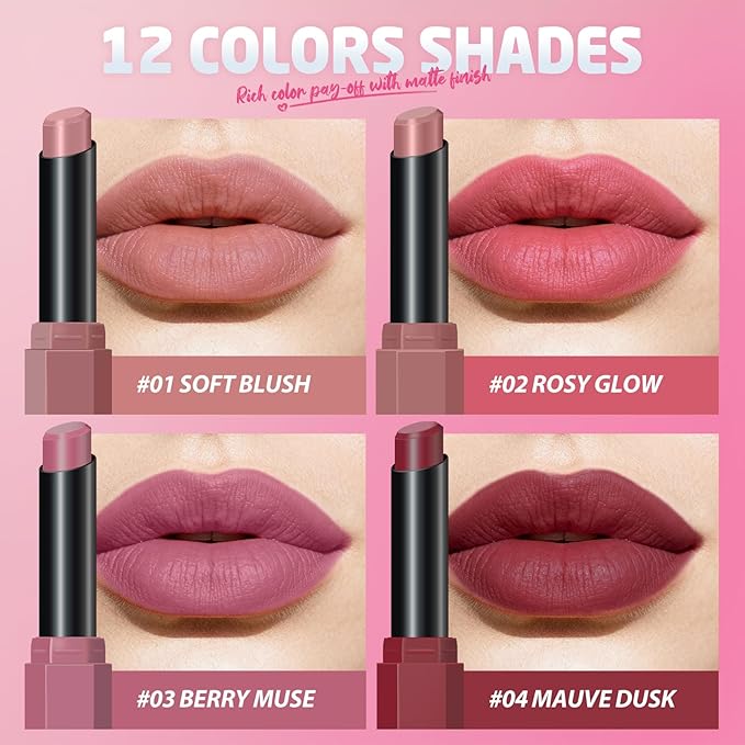 Jolilab 2Pcs Velvet Matte Lipstick Nude Matte Soft Dark Color Stick High Pigmented Long-Lasting Waterproof Lip Stick Lip Balm Beauty Cosmetics Gift for Women(#09+10)