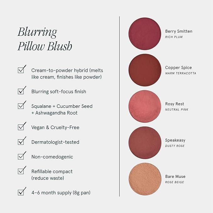 SOSHE Beauty - Blurring Pillow Blush | Featherlight, Cushiony, Cream to Powder Formula | Squalane, Cucumber Seed Extract, Ashwagandha Root | Vegan, Clean, Cruelty-Free (Copper Spice, Warm Terracotta)