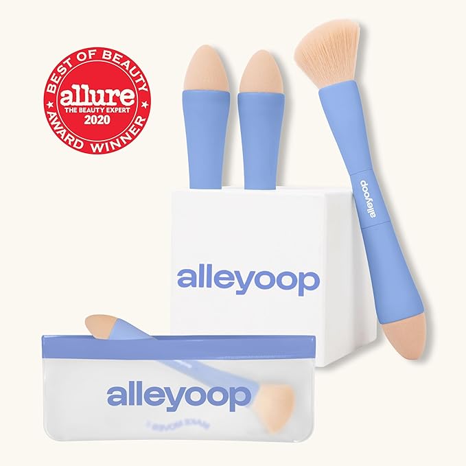 Alleyoop Multi-Tasker 4-in-1 Travel Makeup Brush Set – Compact Makeup Brushes with Blending Sponge, Eyeshadow, Eyebrow & Liner, Blush & Bronzer Brush – Mini Makeup Tools Kit for Women, Vegan