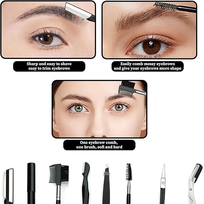 8PCS/SET Professional Eyebrow Shaping Grooming Kit - Beauty Tools Set with Leather Bag Eyebrow Grooming Kit for Women & Men, Eyebrow Trimming Kit With Razor Eyebrow Scissors and Brush with Comb Black