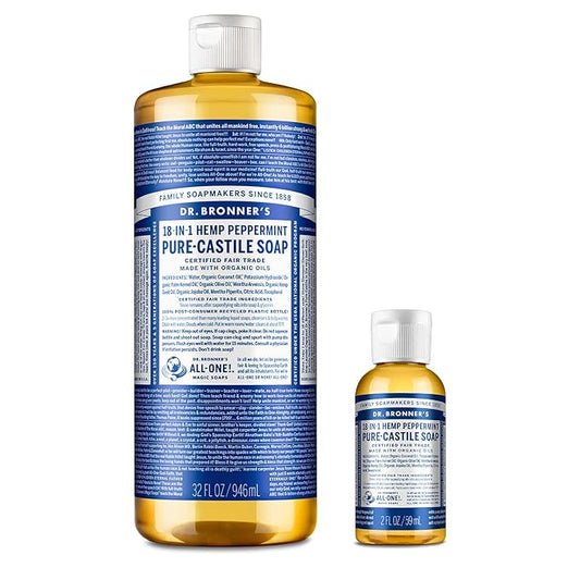 Dr. Bronner's - Pure-Castile Liquid Soap (Peppermint, 32 ounce and 2oz bundle) - Made with Organic Oils, 18-in-1 Uses: Face, Body, Hair, Laundry, Pets & Dishes, Concentrated, Vegan, Non-GMO