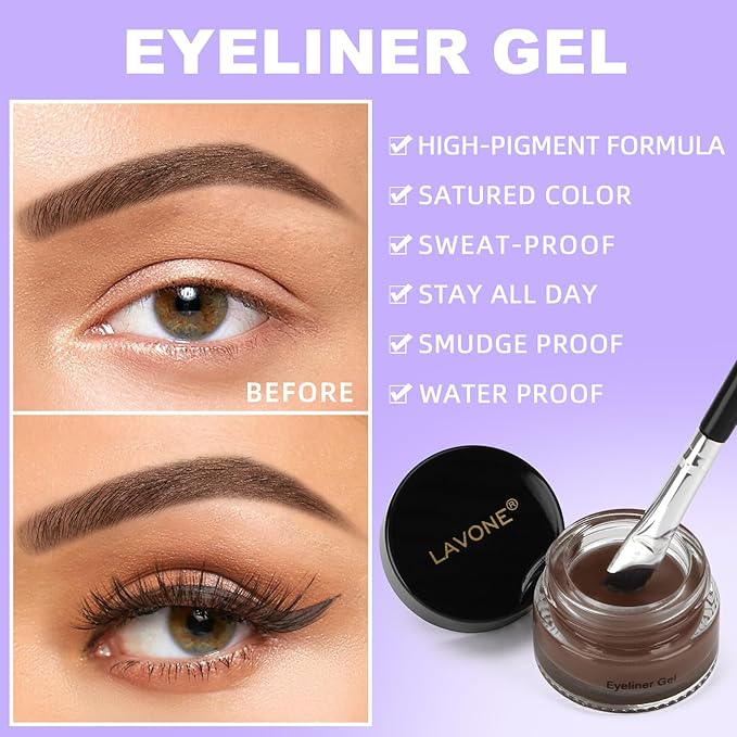 LAVONE Eyeliner Set - Waterproof Makeup Kit with Liquid Eye Liner Pencil, Gel Eyeliner and Angled Eye Liner Brush, Waterproof, Smudge Resistant, Long Lasting Formula - Chocolate