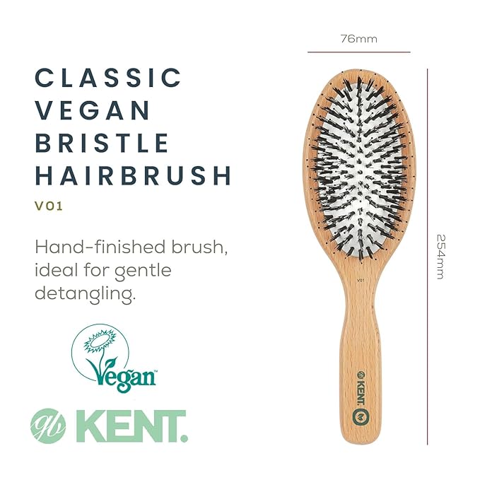 Kent V01 Vegan Boar Bristle Hair Brush with Nylon Pins, Organic Hair Brush for Styling and Detangling, Paddle Brush Ideal for All Hair Types (Large)