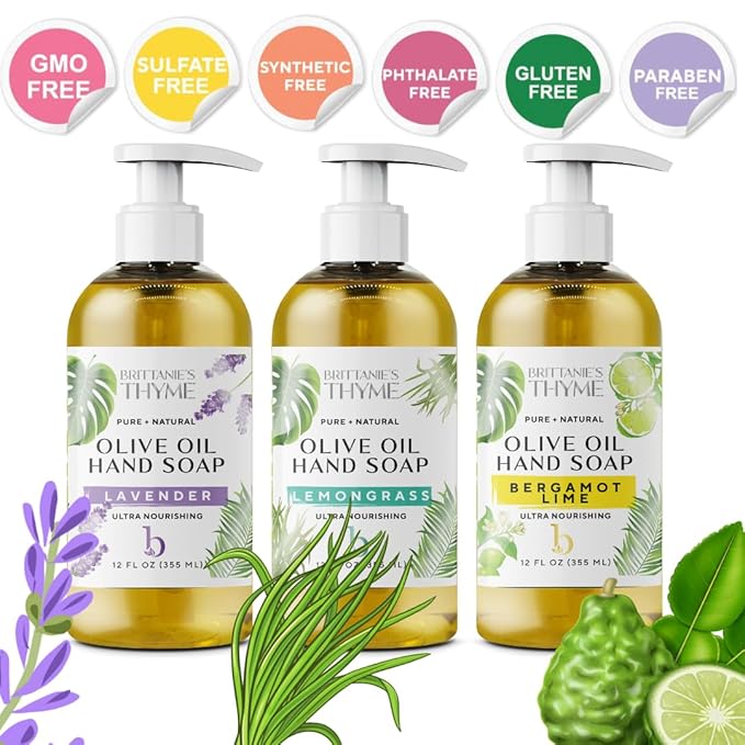 Brittanie’s Pure Castile Liquid Hand Soap Refill, Bergamot | Lavender | Lemongrass, 12 Ounce Pack of 3 | Dish Soap, Hair & Body, Home, Gentle & Pure, Natural Luxurious Oils, Vegan & Gluten Free