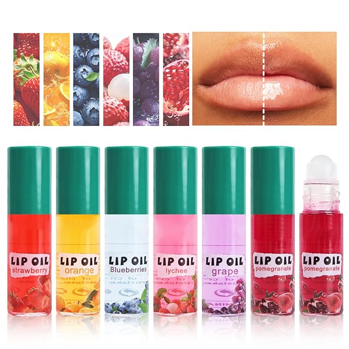 6PCS Roll On Lip Gloss Set, Fruit Flavored Lip Oil Make up for Teens and Girls, Hydrating & Moisturizing Lipgloss, Clear Lip Gloss for Women, Vegan & Cruelty-Free