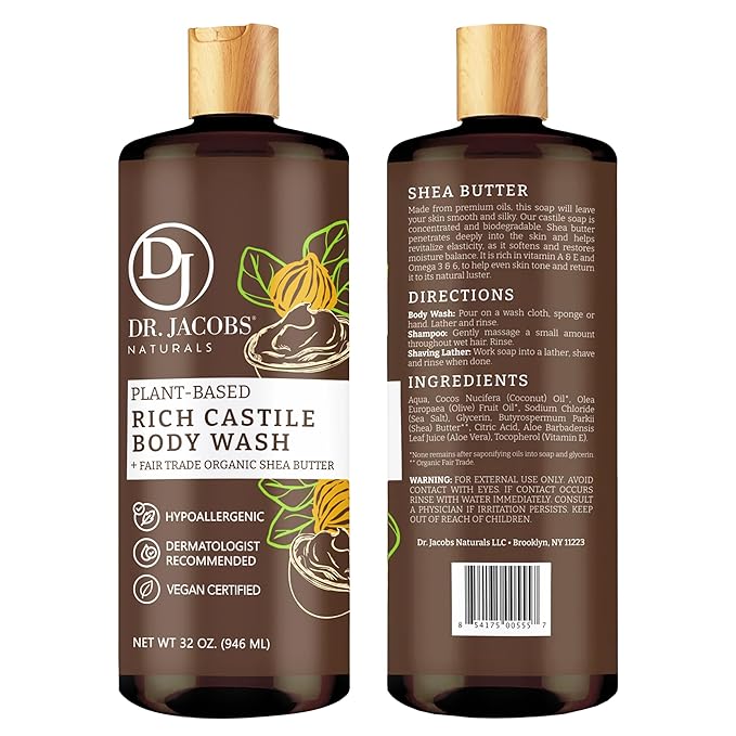 Dr. Jacobs Naturals Pure Castile Soap Liquid Body Wash, Shea Butter - Plant Based Soap Infused with Vitamin E and Aloe Vera to Moisturize Dry and Sensitive Skin - Made in The USA - 32 oz, Pack of 1