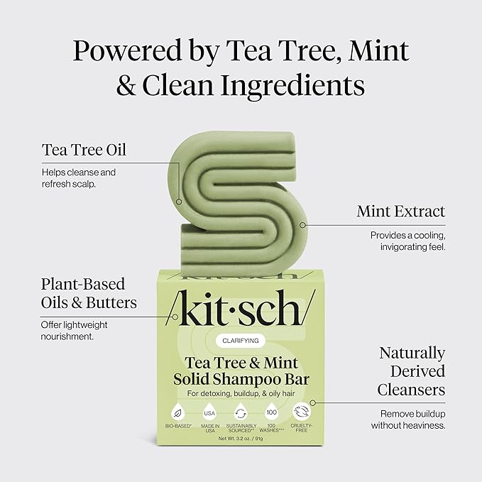 Kitsch Clarifying Tea Tree & Mint Shampoo Bar - Tea Tree Shampoo for Build-Up Removal - Hair Shampoo Bar for Scalp & Oil Control - Vegan Hair Care, Made in USA, 3.2 oz