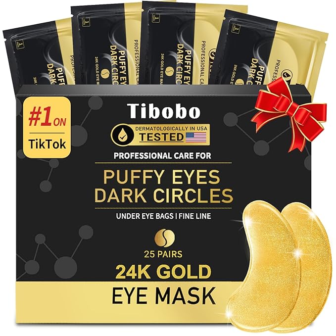Under Eye Patches (25 Pairs) - 24K Gold Eye Masks Enriched with Abundant Collagen for Dark Circles, Puffiness, Smooth Fine Line, Nourish Skin Gifts for Women - Vegan & USA Tested