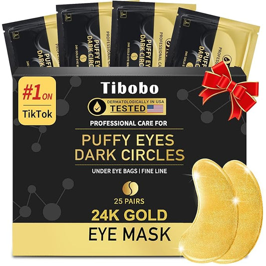 Under Eye Patches (25 Pairs) - 24K Gold Eye Masks Enriched with Abundant Collagen for Dark Circles, Puffiness, Smooth Fine Line, Nourish Skin Gifts for Women - Vegan & USA Tested