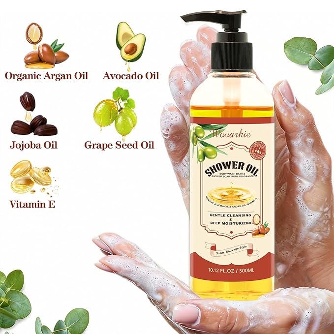 2 Pack Shower Oil with Organic Argan - Moisturizing Body Wash for Women, Natural & Vegan, for Sensitive Skin - Deep Hydration & Silky Smooth Feel (Sauvage Style)