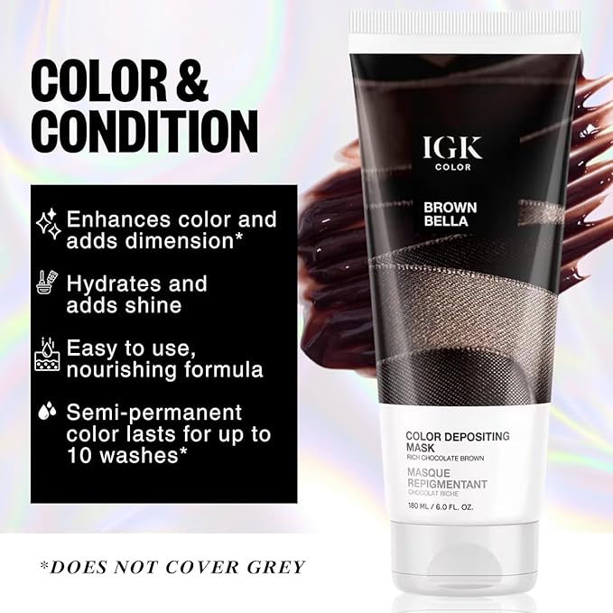 IGK Hair Gloss Toner & Depositing Mask + At-Home Color Tool Set | Brown Bella Chocolate Brown | Semi-Permanent Shine + Tone | Salon-Quality Application