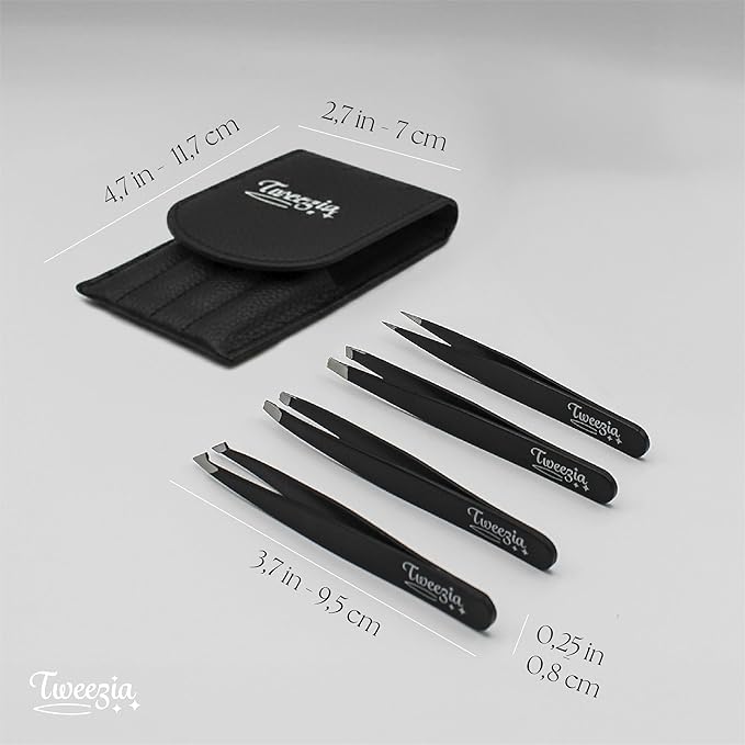 TWEEZIA Stainless Steel Tweezer Set - 4 Precision Tweezers with Mirror & Leather Case - Ideal Eyebrow Kit, Ingrown Hair Tweezers, Splinter Removal Kit or Pointed Tweezers for Beauty and Personal Care