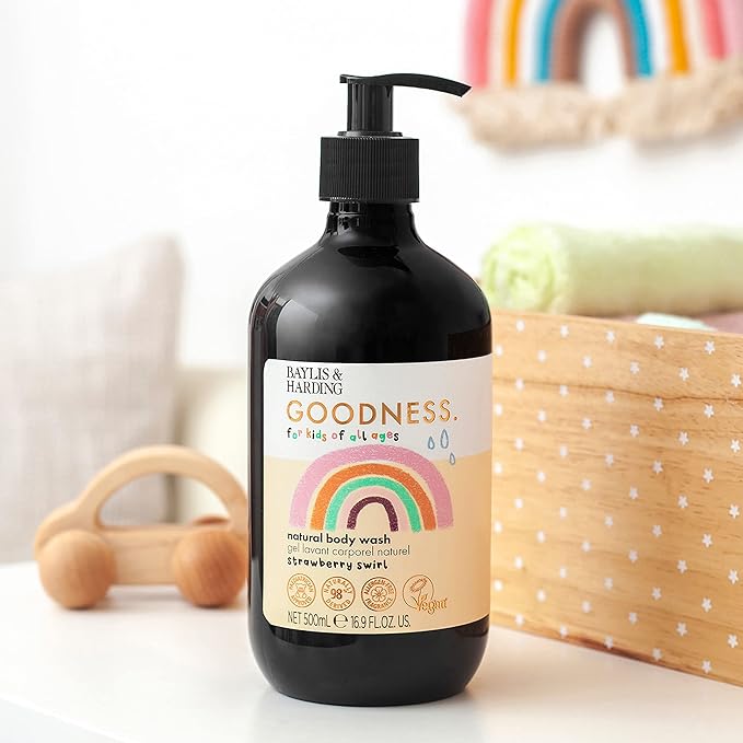 Baylis & Harding Goodness Kids Strawberry Swirl Natural Body Wash 16.9 fl. oz (Pack of 3) - Biodegradable Formula - Vegan Friendly