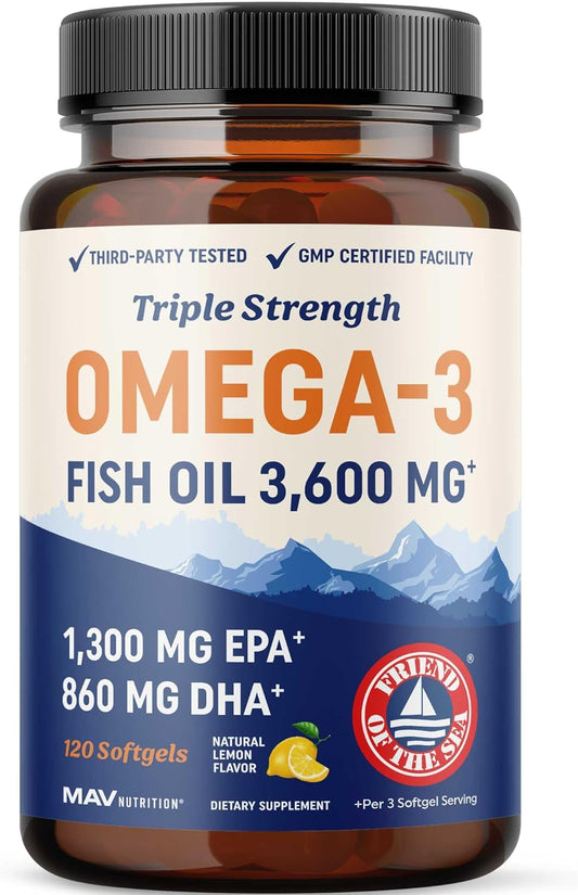 Triple Strength DHA Omega 3 Fish Oil 3600 Mg | over 2100Mg Omega-3 Fatty Acids with 860Mg of DHA | 1300Mg EPA | Best Essential Fatty Acids | Premium Wild Caught & Burpless Fish Oil | 120 Softgels