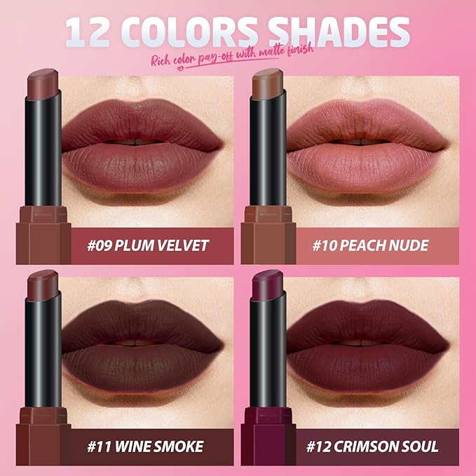 Jolilab 3Pcs Velvet Matte Lipstick Nude Matte Soft Dark Color Stick High Pigmented Long-Lasting Waterproof Lip Stick Lip Balm Beauty Cosmetics Gift for Women(Curated #3+11+12)