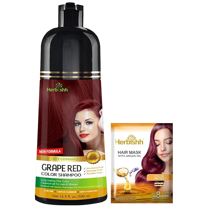 Herbishh Hair Color Shampoo (Grape Red) - Magic Hair Dye for Gray Hair - Ammonia-Free, 3-in-1 Shampoo Conditioner - Lasts 2-3 Weeks, 500 ml