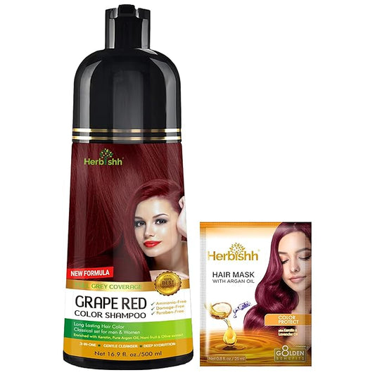 Herbishh Hair Color Shampoo (Grape Red) - Magic Hair Dye for Gray Hair - Ammonia-Free, 3-in-1 Shampoo Conditioner - Lasts 2-3 Weeks, 500 ml