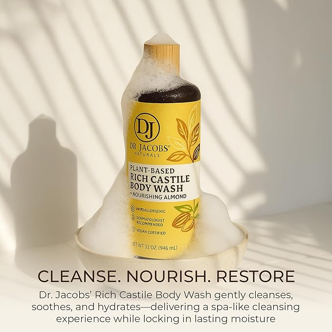 Dr. Jacobs Naturals Castile Almond All-Natural Body Wash for Moisturizing Dry and Sensitive Skin with Plant-Based Ingredients with Pump - 32 Ounce