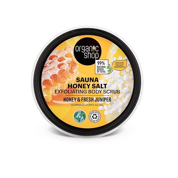 Organic Shop Honey Salt & Juniper Hydrating & Exfoliating Body Scrub, 100% Vegan & Organic, Daily Exfoliant, Detox & Moisturizer, Body, Face, Hand & Foot, Intensive Care & Skin Toning. 250ml