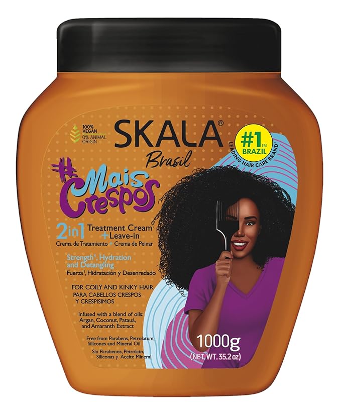 SKALA Mais Crespos 2 in 1 Treatment Cream & Leave In Conditioner for Coily & Kinky Hair, Vegan, Deep Hydration & Detangling Mask, Infused with Argan Oil, Coconut, Patauá & Amaranth Extracts, 1000g