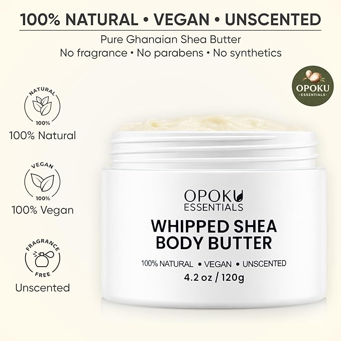 Whipped Shea Body Butter for Dry Skin & Sensitive Skin – 4oz Unscented with Ghanaian Shea Butter – 100% Natural, Vegan Moisturizing Cream