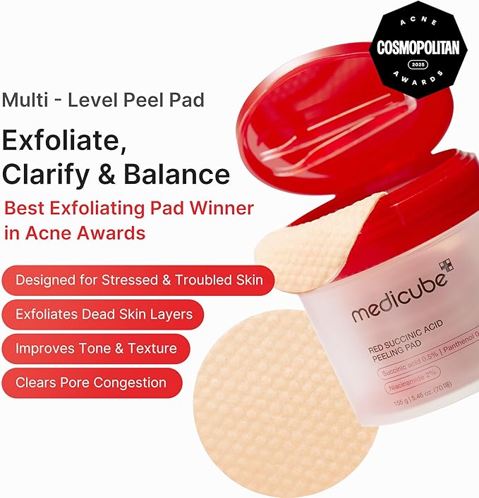 medicube Toner Pads Red Succinic Acid Panthenol Facial Peeling Pad | Exfoliating Toner Pad for Breakout-Prone Skin | Niacinamide, AHA, BHA, and Soothing Panthenol - Non-Comedogenic, 70 Pads (1 Pack)