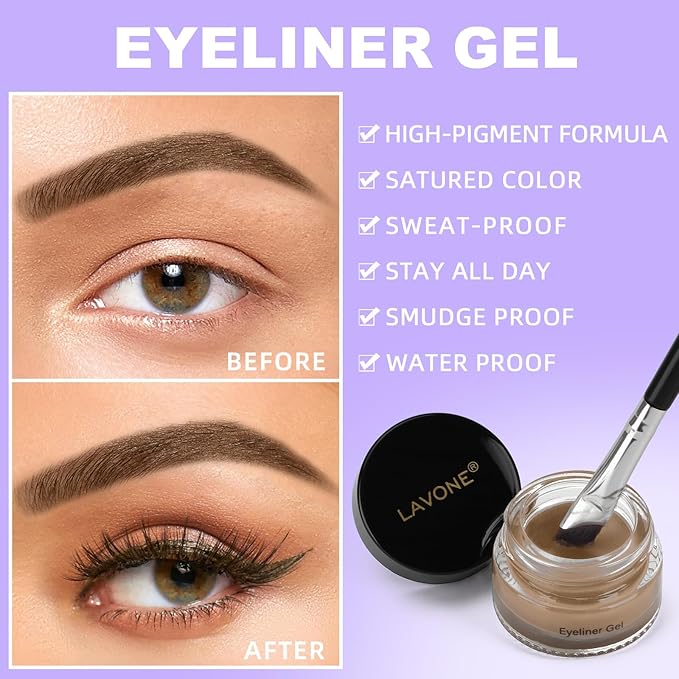 LAVONE Eyeliner Set - Waterproof Makeup Kit with Liquid eyeliner Pencil, Gel Eyeliner & Angled Eye liner Brush, Waterproof, Smudge Resistant, Long Lasting Formula - Taupe