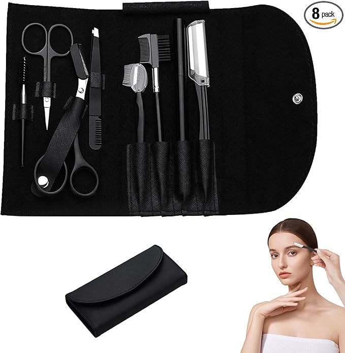 8PCS/SET Professional Eyebrow Shaping Grooming Kit - Beauty Tools Set with Leather Bag Eyebrow Grooming Kit for Women & Men, Eyebrow Trimming Kit With Razor Eyebrow Scissors and Brush with Comb Black
