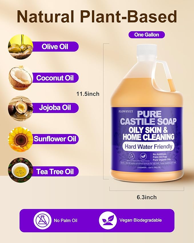 1 Gallon Lavender Liquid Castile Hand Soap Refill, Pure Natural Organic For Oily Skin, Hand, Bath, Body, Laundry, Dishes, Home Cleaning Vegan Hard Water Friendly - Lavender 128 Fl Oz