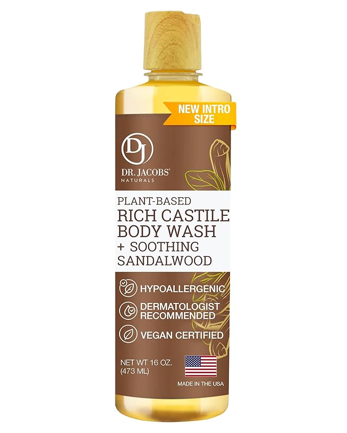 Dr. Jacobs Naturals Pure Castile Soap Liquid Body Wash, Sandalwood - Plant Based Soap Infused with Vitamin E and Aloe Vera to Moisturize Dry and Sensitive Skin - Made in The USA - 16 oz